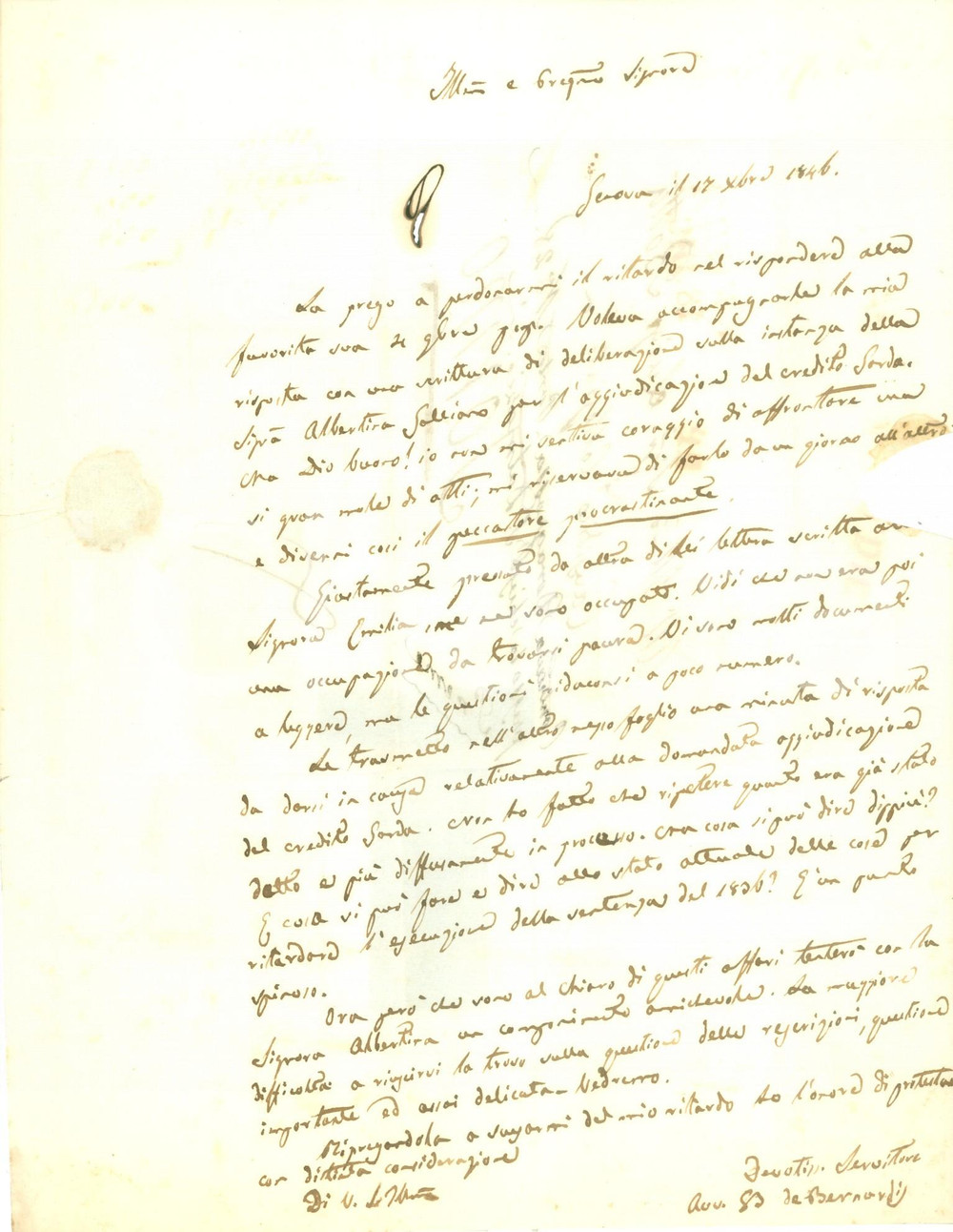 Documento originale, autentico 1846 GENOVA Avvocato Giovanni Battista DE BERNARDIS peccatore procrastinante 1