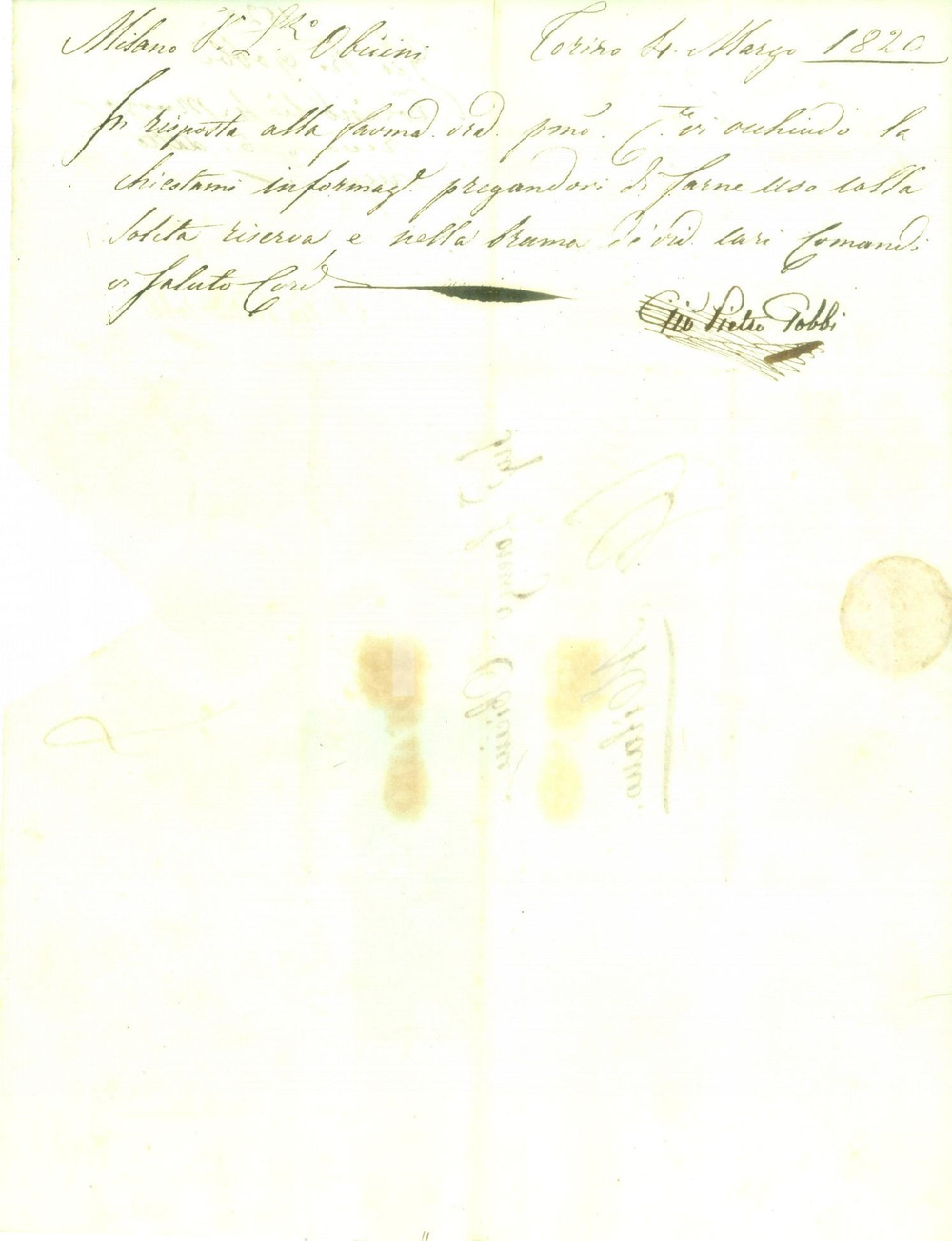Documento originale, autentico 1820 TORINO Giovanni Pietro GOBBI chiede discrezione a Lorenzo OBICINI Lettera 1