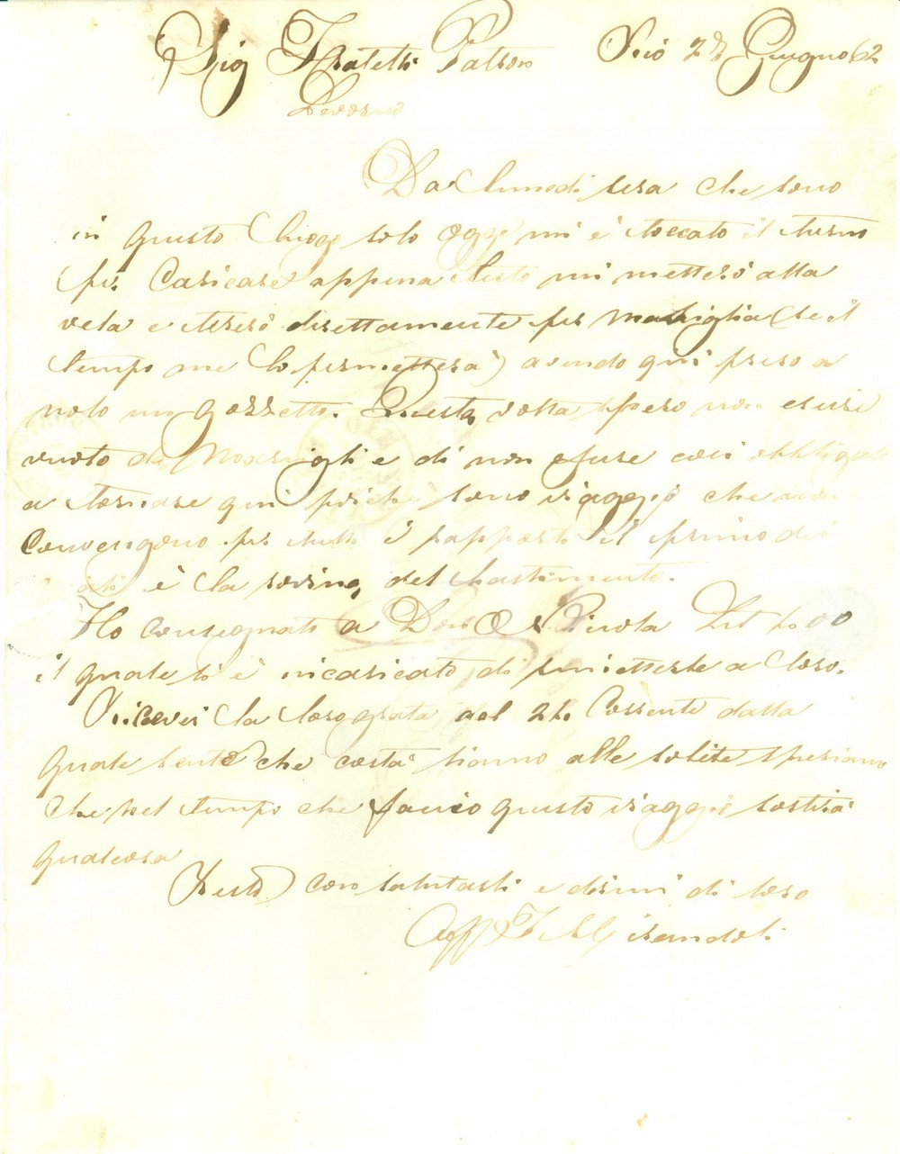 1862 RIO MARINA (LI) Appena possibile mi metterò alla vela per MARSIGLIA Lettera