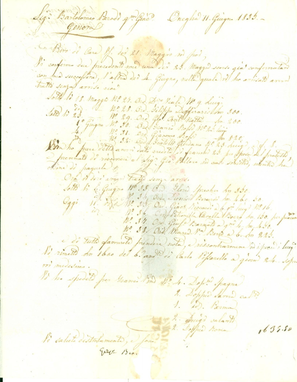 Documento originale, autentico 1835 ONEGLIA IM Giuseppe BONAVERA aggiorna Bartolomeo PARODI sugli ordini 1