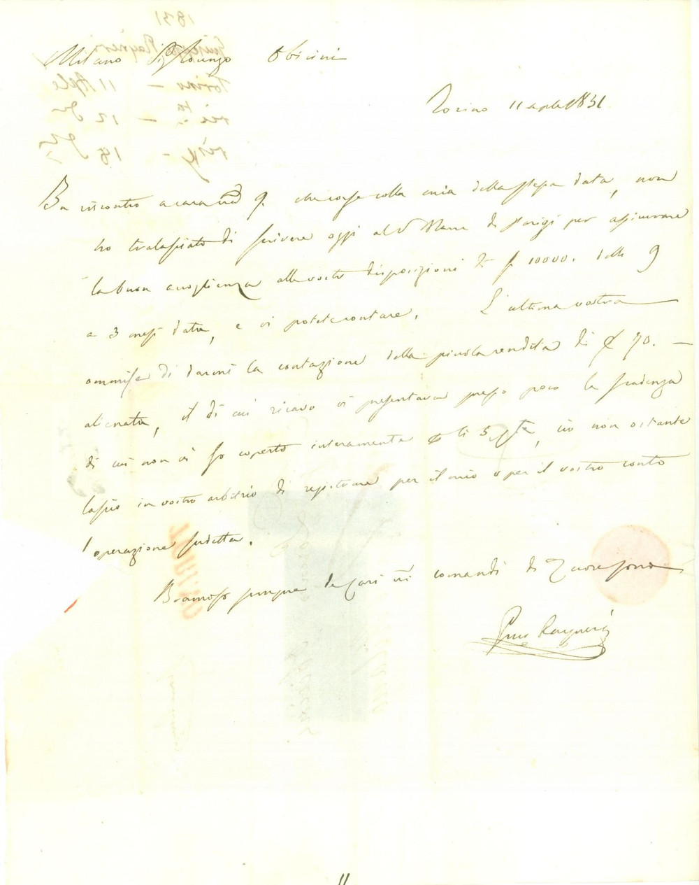 Documento originale, autentico 1831 TORINO Giuseppe RAYNERI aggiorna Lorenzo OBICINI sugli affari Lettera 1