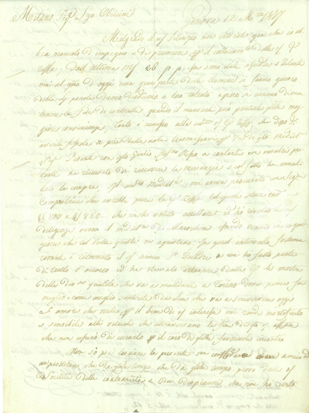 Documento originale, autentico 1827 GENOVA Domenico CELLE Non esiste piÃ¹ la lealtÃ  nel commercio Lettera 1