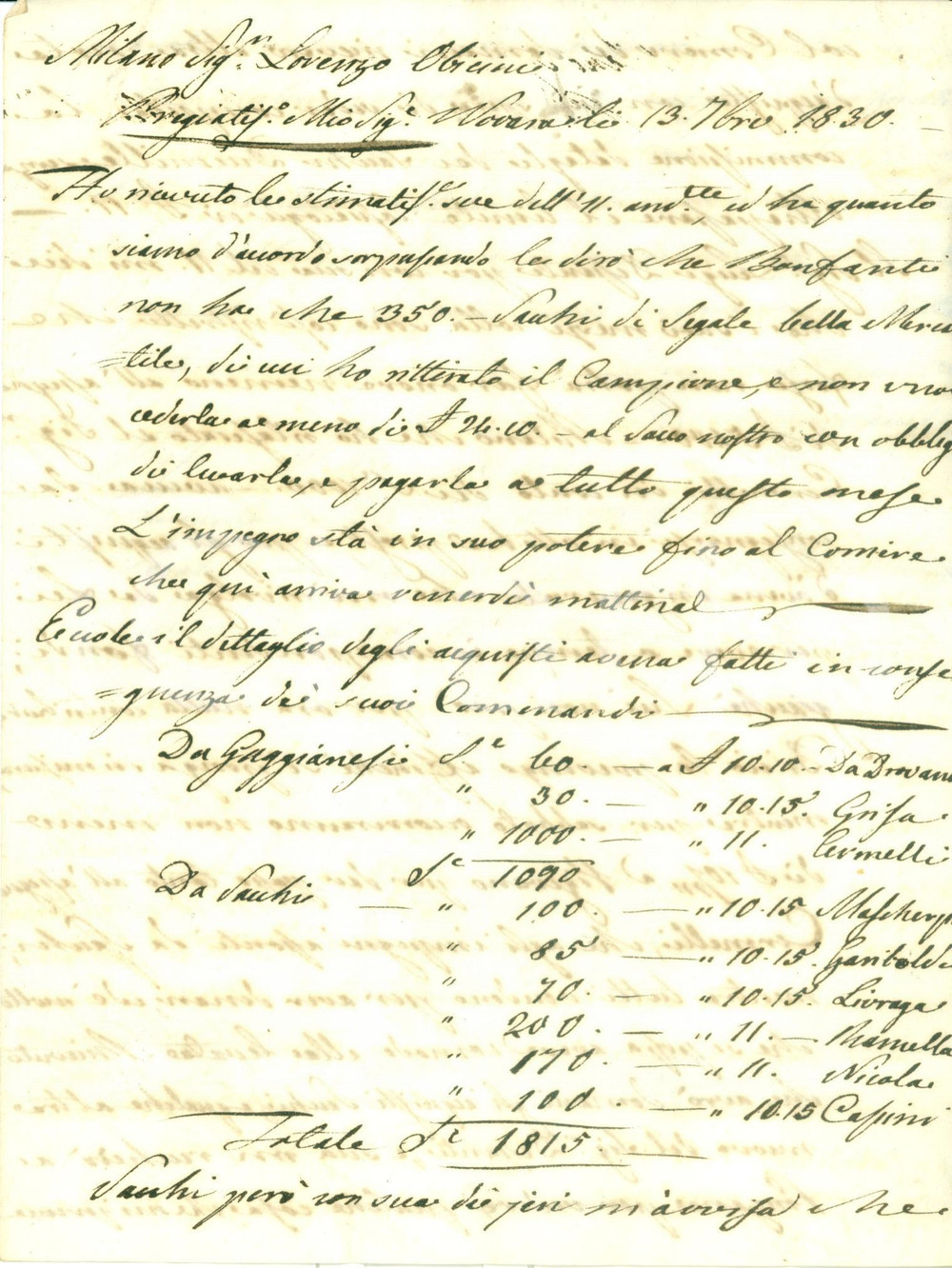 Documento originale, autentico 1830 NOVARA Stefano GAGGIANESI aggiorna Lorenzo OBICINI su acquisti avena segale 1