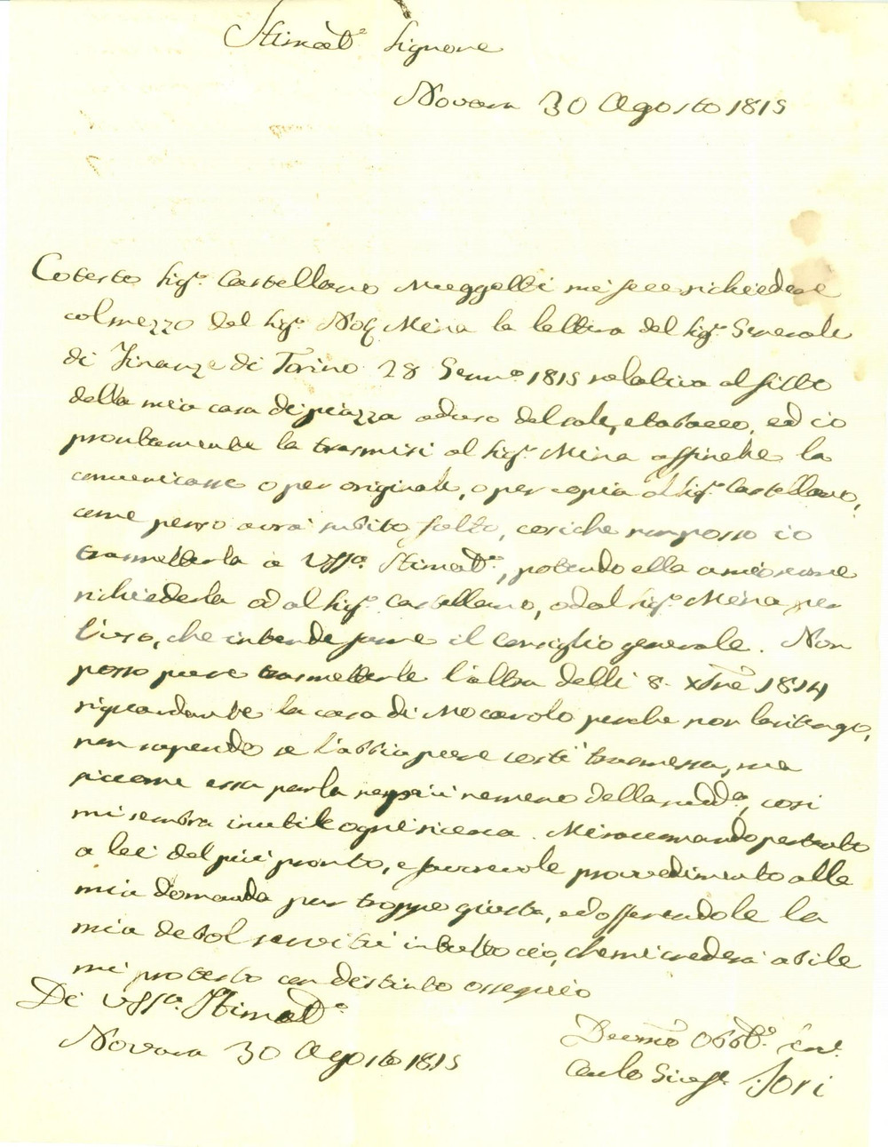 Documento originale, autentico 1815 NOVARA Carlo Giuseppe IORI affitta casa ad uso di sali e tabacchi Lettera 1