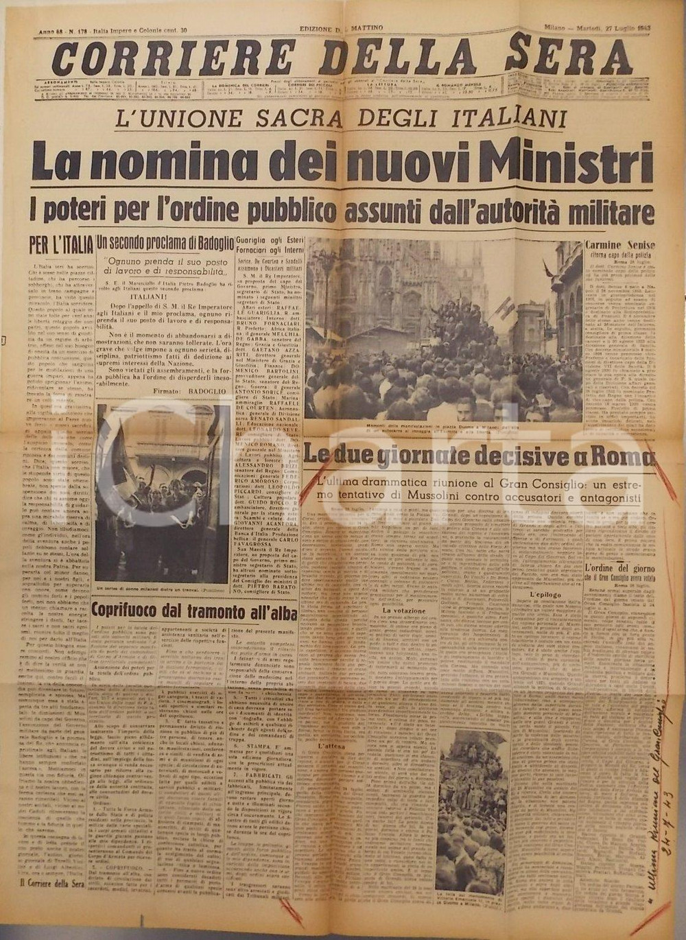Giornale, rivista storica 1943 WW2 CORRIERE DELLA SERA Ultimo tentativo di MUSSOLINI contro accusatori 1
