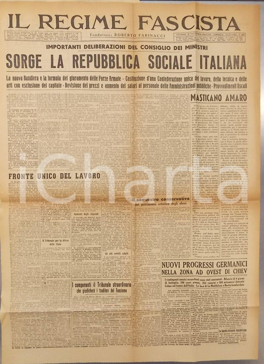 Giornale, rivista storica 1943 IL REGIME FASCISTA RSI Sorge REPUBBLICA SOCIALE Sequestro patrimoni ebrei 1