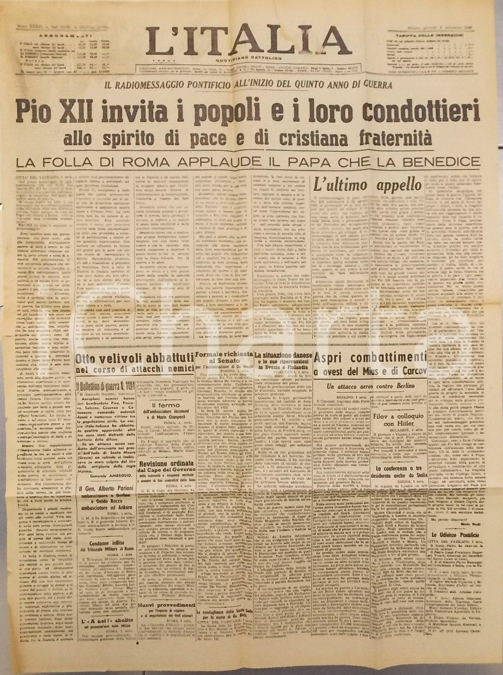 Documento originale, autentico 1943 WW2 L ITALIA Radiomessaggio PIO XII invita a pace e fraternitÃ  Giornale 1
