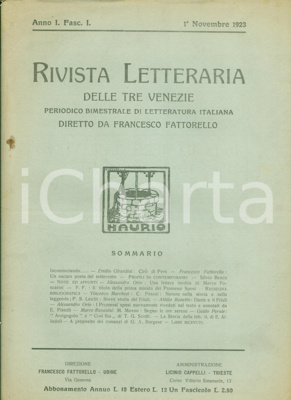 Giornale, rivista storica 1932 RIVISTA LETTERARIA TRE VENEZIE Francesco FATTORELLO Anno I Fascicolo PRIMO 1