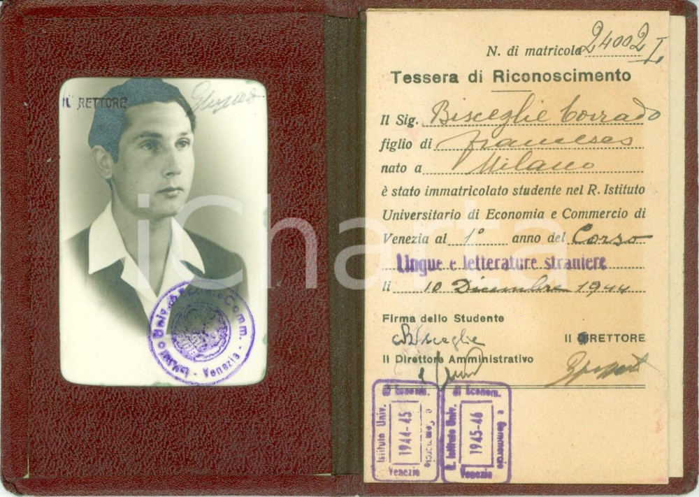 Oggetto da collezione cartaceo 1944 VENEZIA R. Istituto Economia e Commercio Tessera Corrado BISCEGLIO 1