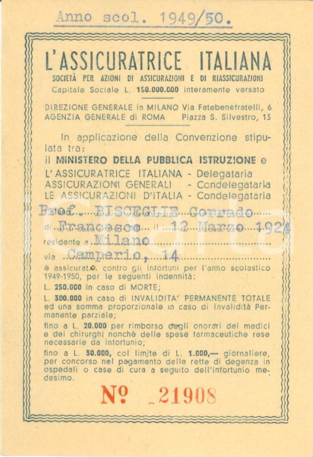 Oggetto da collezione cartaceo 1949 MILANO Tessera de L ASSICURATRICE ITALIANA condizioni assicurazione 1