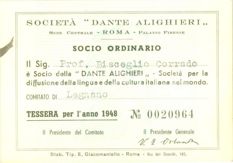 Oggetto da collezione cartaceo 1948 LEGNANO MI SocietÃ  DANTE ALIGHIERI Tessera di socio ordinario 1