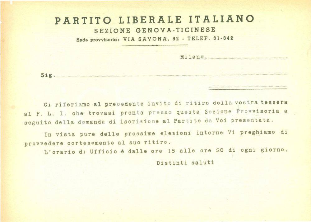 Documento originale, autentico 1960 ca MILANO Ritiro tessera PARTITO LIBERALE ITALIANO Sezione GENOVATICINESE 1
