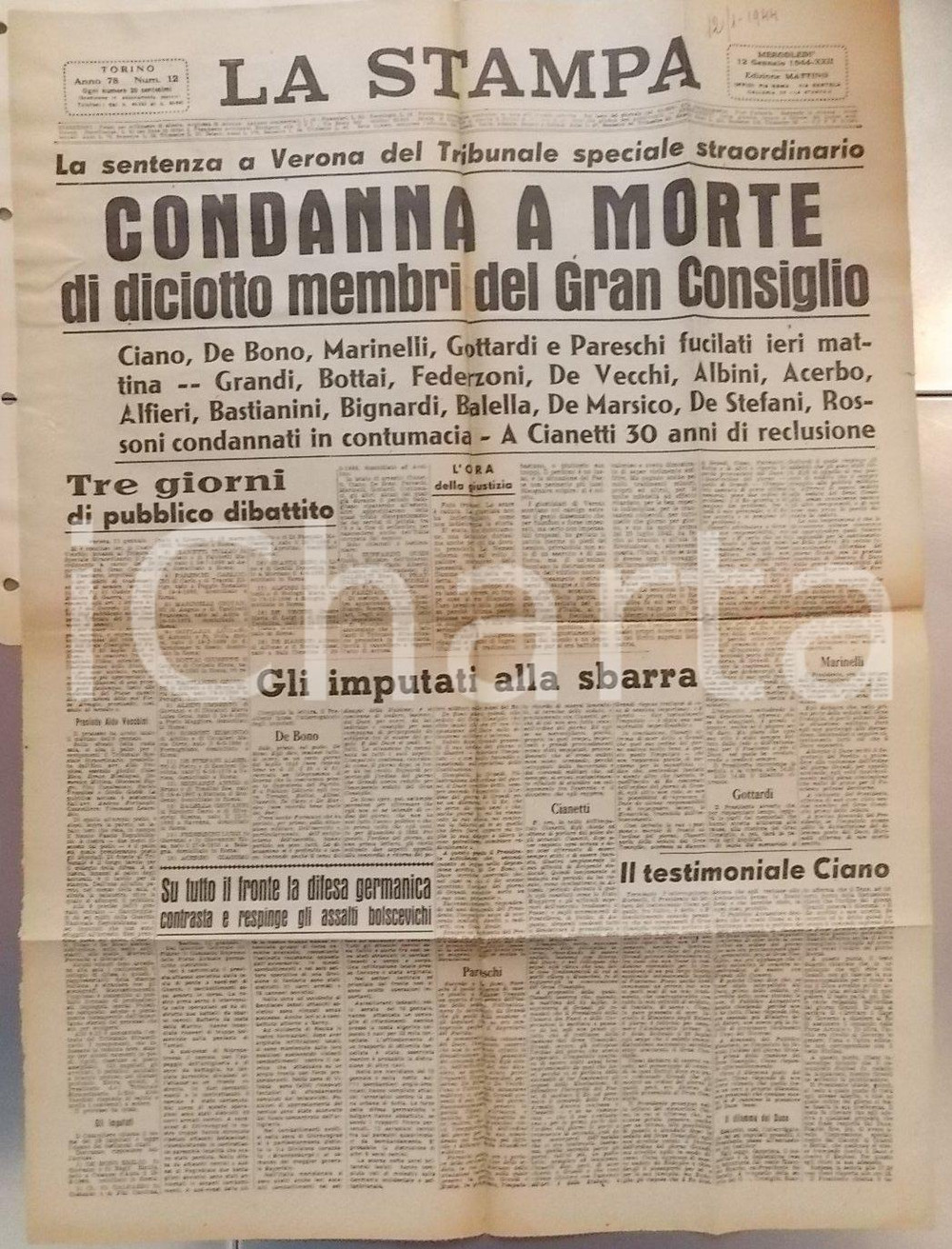 Documento originale, autentico 1944 WW2 LA STAMPA RSI Condanne a morte al PROCESSO DI VERONA Giornale 1