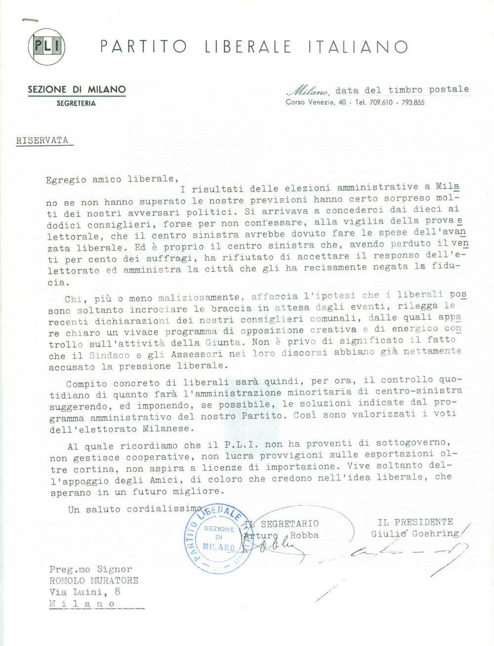 Documento originale, autentico 1960 MILANO PLI Partito Liberale Italiano sorprende alle elezioni amministrative 1