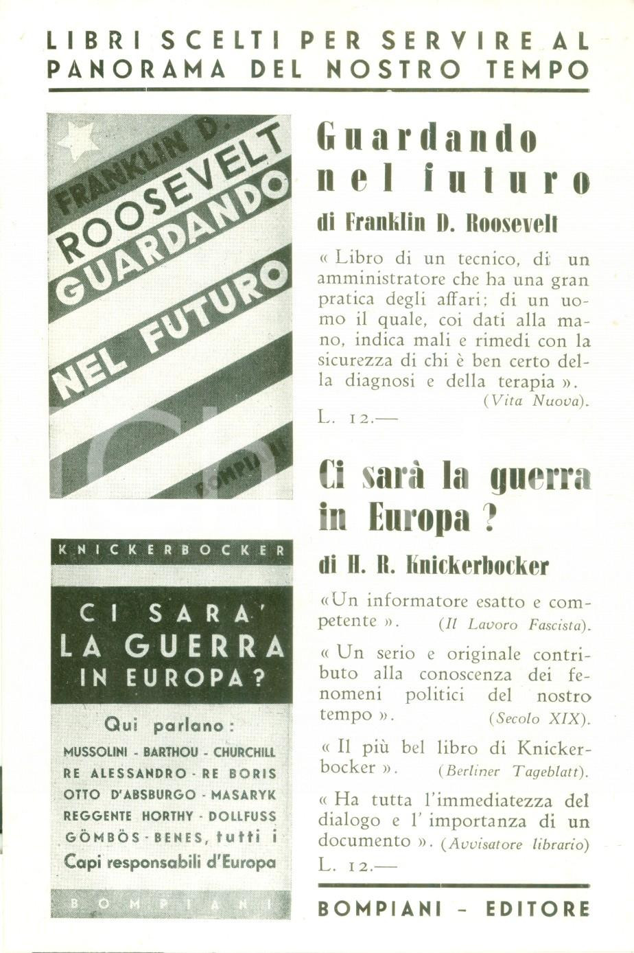 Documento originale, autentico 1935 MILANO Edizioni BOMPIANI Panorama del nostro tempo ROOSEVELT HITLER MURRI 1