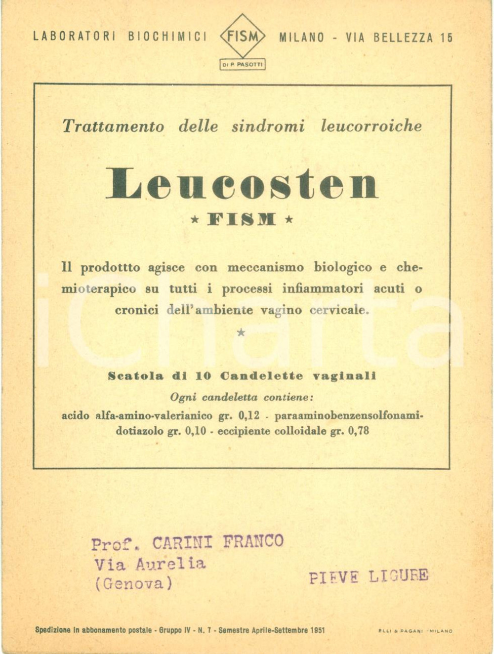 Materiale pubblicitario d’epoca 1951 MILANO Laboratori Chimici FISM Farmaco LEUCOSTEN per sindromi leucorroiche 1