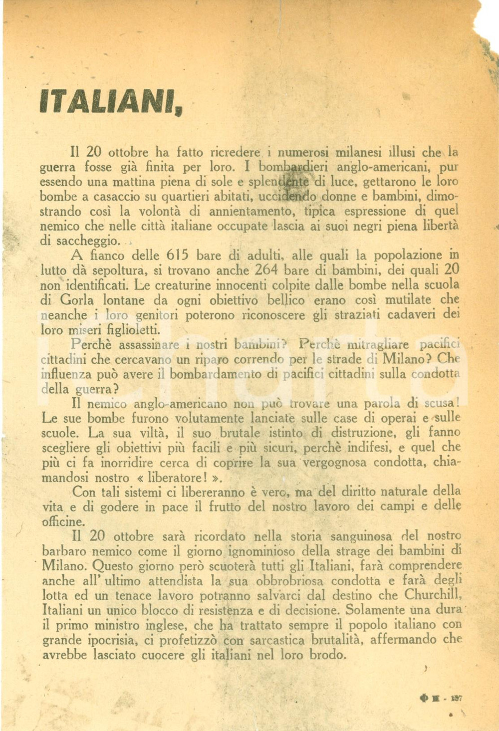 Documento originale, autentico 1944 MILANO WW2 PROPAGANDA RSI Strage scuola elementare di GORLA vOLANTINO 1