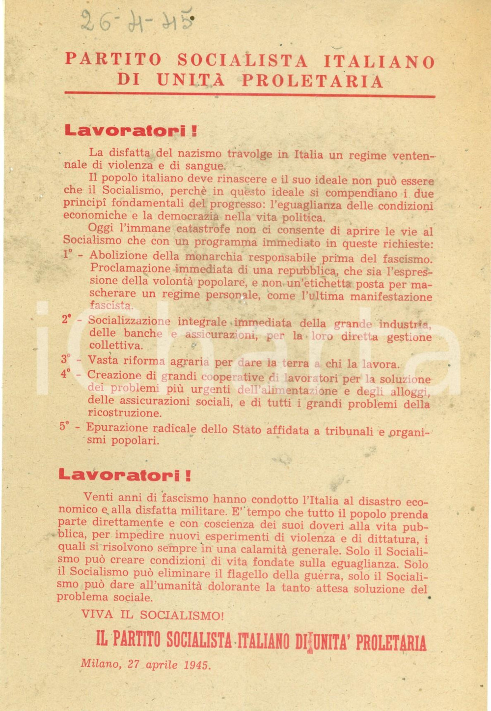 Documento originale, autentico 1945 MILANO PROPAGANDA PSIUP Socialismo deve sostituire nazifascismo Volantino 1