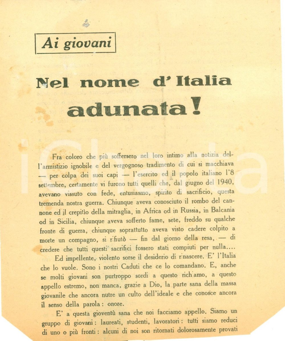 Documento originale, autentico 1944 WW2 PROPAGANDA RSI Appello ai giovani per la rinascita dell ITALIA 1