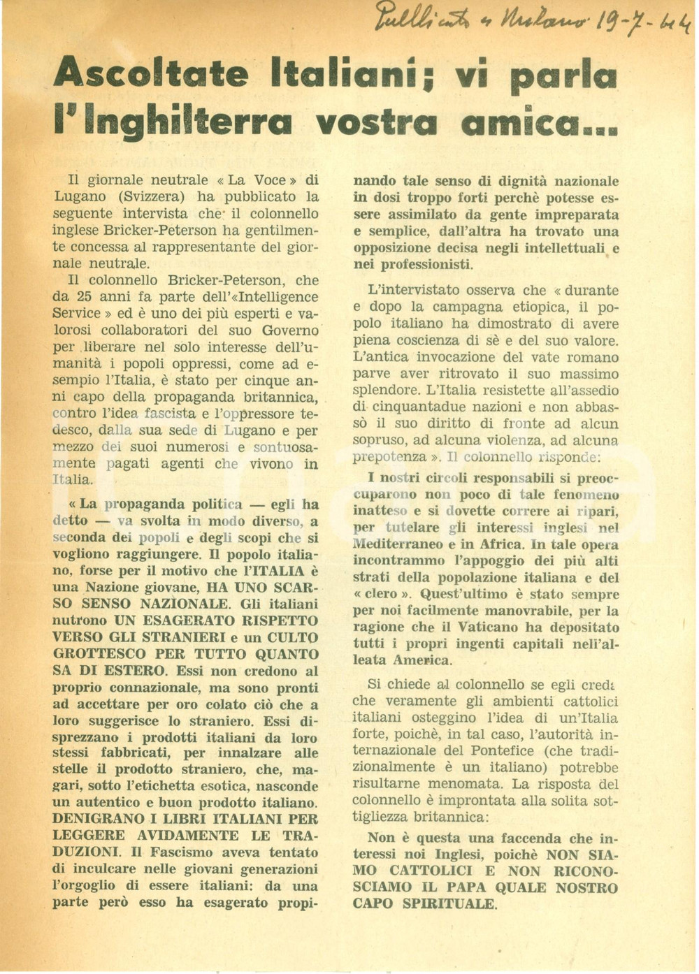 Documento originale, autentico 1944 WW2 PROPAGANDA RSI Gli Italiani si lasciano manipolare con gli slogan 1