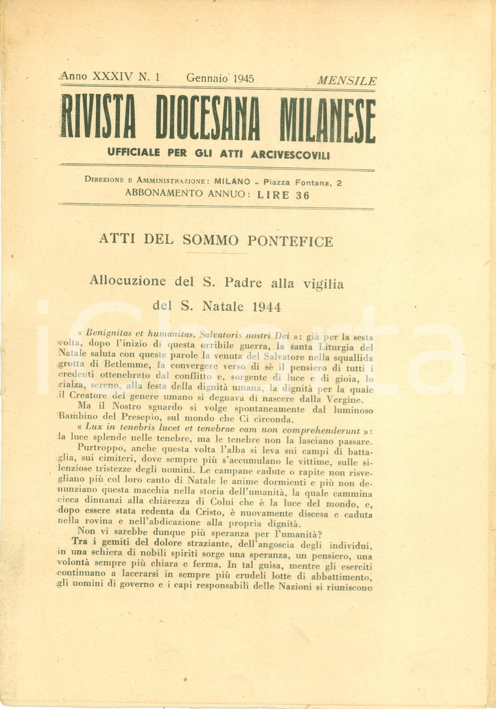 Giornale, rivista storica 1944 WW2 RIVISTA DIOCESANA MILANESE Discorso PIO XII su vera democrazia 1