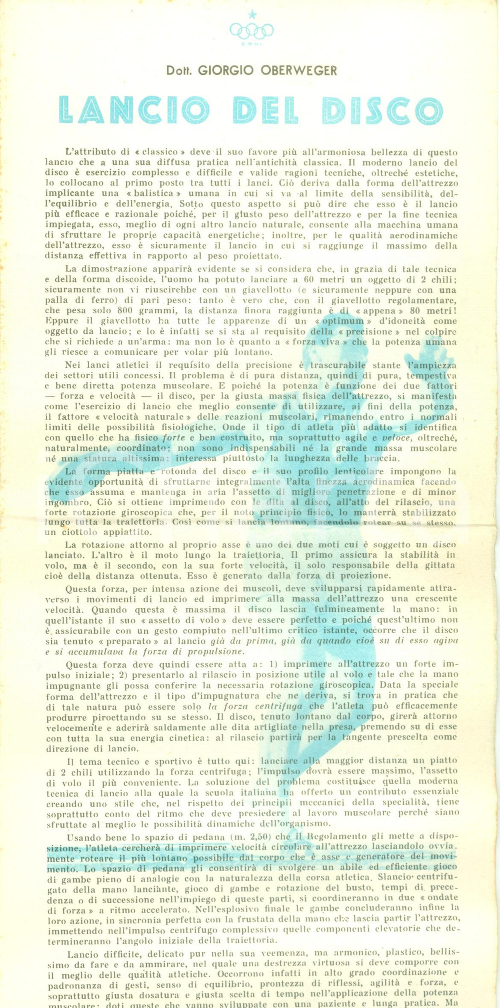 Materiale pubblicitario d’epoca 1954 CONI Giorgio OBERWEGER Lancio del disco Opuscolo ILLUSTRATO 1