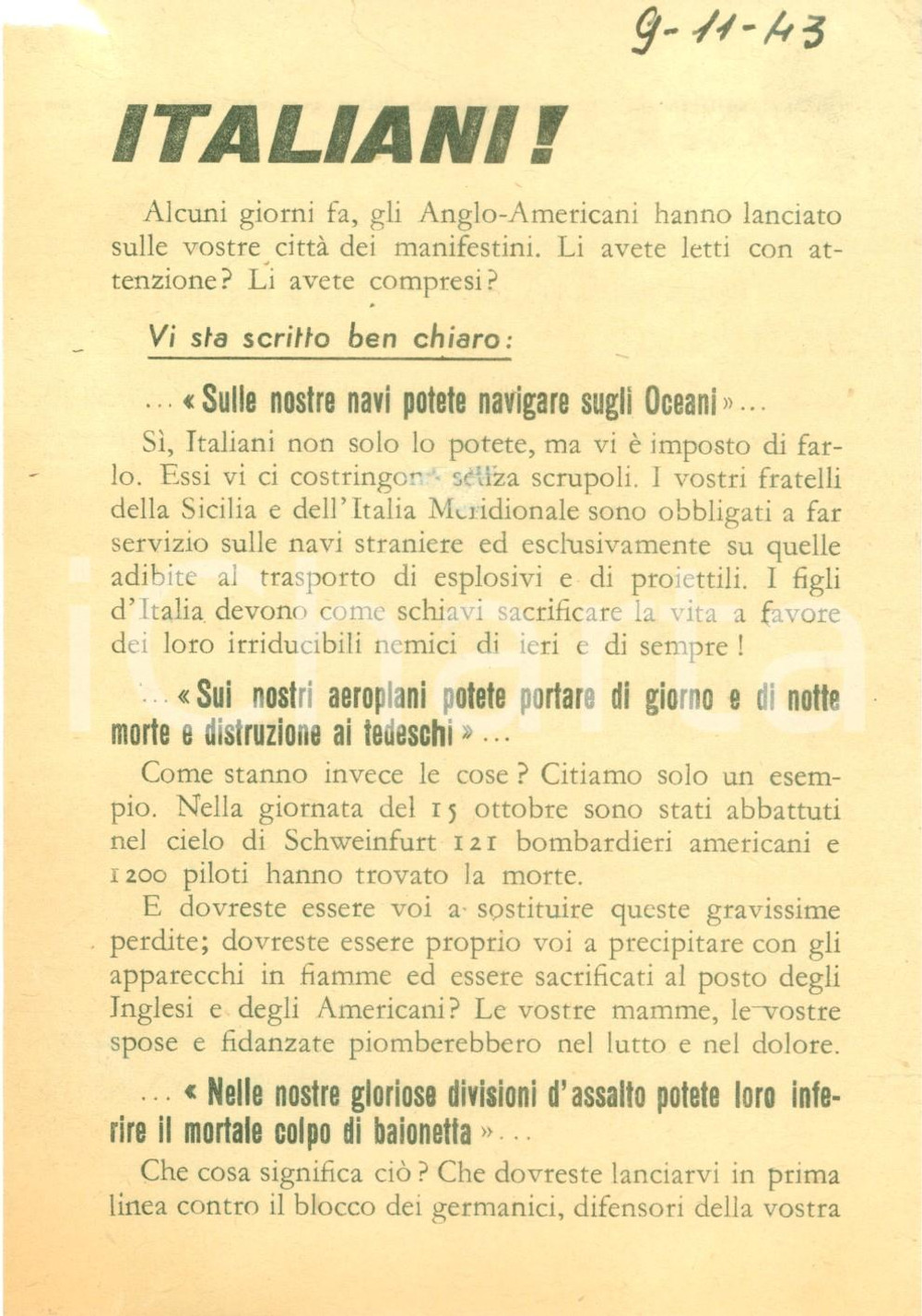 Documento originale, autentico 1943 WW2 PROPAGANDA AEREA RSI Angloamericani vogliono usarci come scudi umani 1