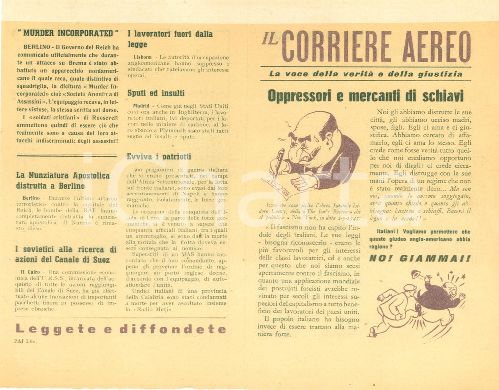 Documento originale, autentico 1943 WW2 CORRIERE AEREO Angloamericani oppressori e mercanti di schiavi 1