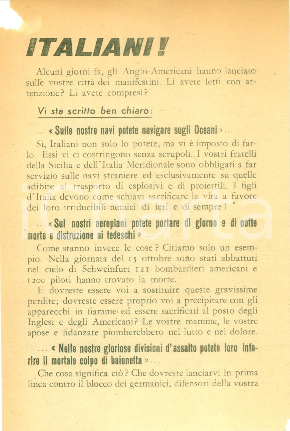 Documento originale, autentico 1944 WW2 PROPAGANDA AEREA RSI Angloamericani vogliono usarci come scudi umani 1