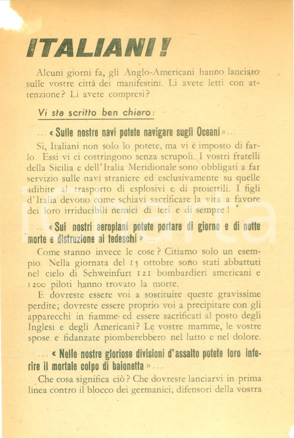 Documento originale, autentico 1944 WW2 PROPAGANDA AEREA RSI Angloamericani vogliono usarci come scudi umani 1