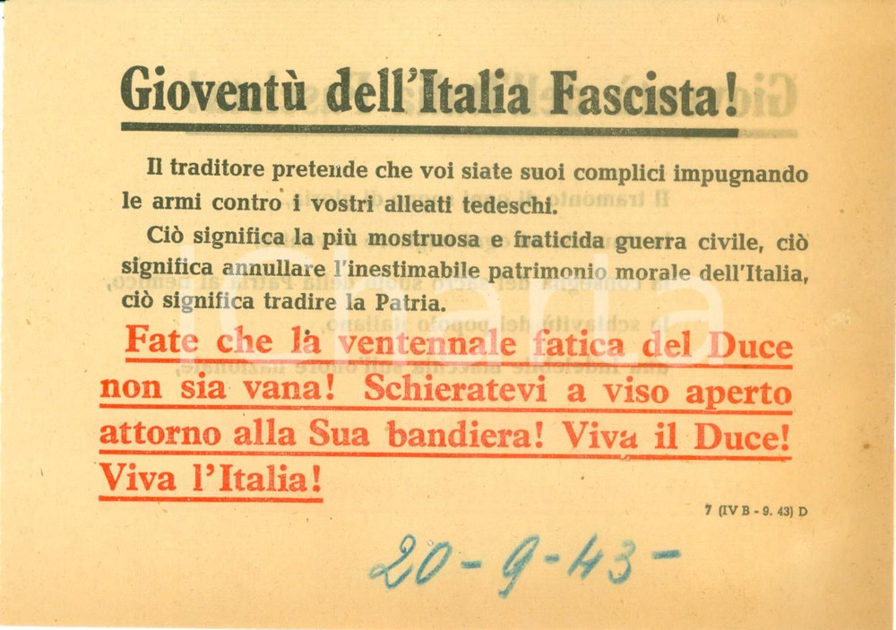 Documento originale, autentico 1943 WW2 PROPAGANDA AEREA RSI Arrendersi significa la fine della gloria fascista 1