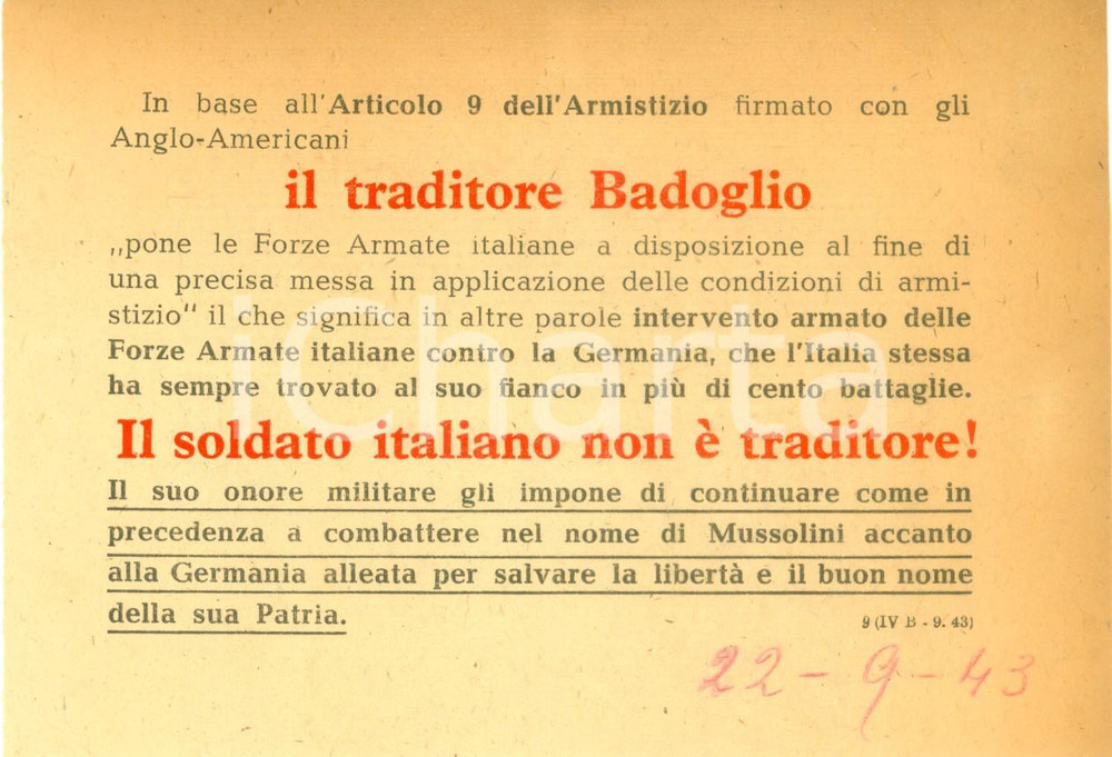 Documento originale, autentico 1943 WW2 PROPAGANDA AEREA RSI Pietro BADOGLIO é traditore ma soldato italiano no 1