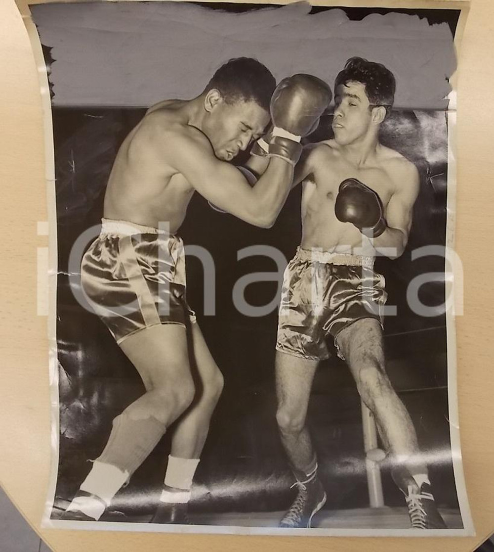 Fotografia d epoca originale 1952 OAKLAND USA BOXE Pugile Luke CASTILLO vs Charles LEWIS Fotografia 28 x 35 1