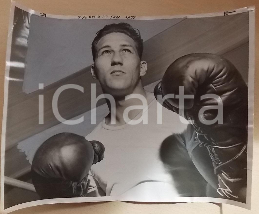 Fotografia d epoca originale 1952 SAN FRANCISCO USA BOXE Pugile Georgie KAPLAN con guantoni Foto 35 x 28 1