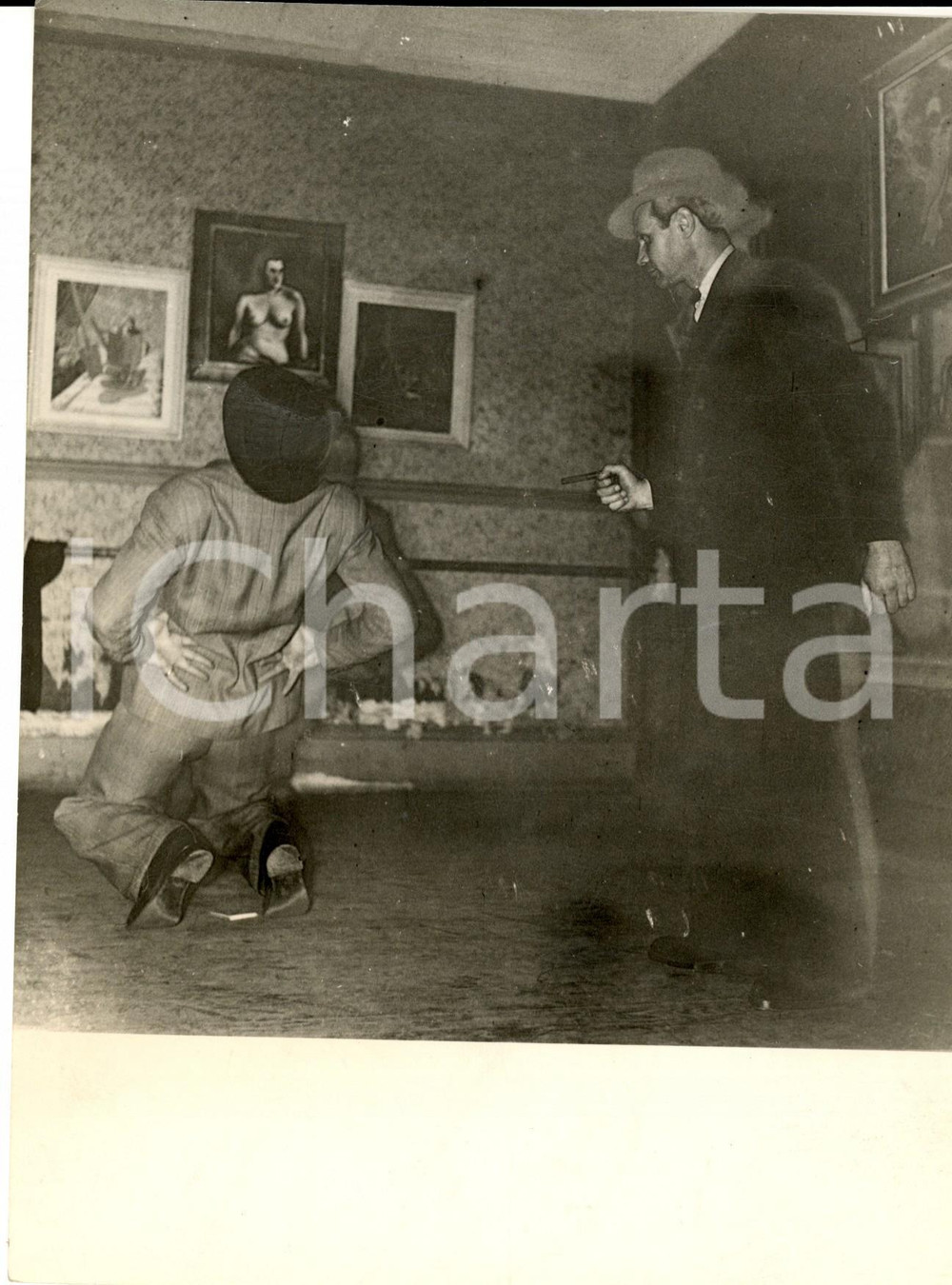 Fotografia d epoca originale 1960 ca PARIS Scuola di CINEMA  Lezione sulla caduta dopo uno sparo Foto 1