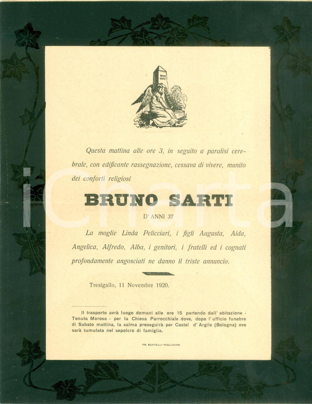Documento originale, autentico 1920 TRESIGALLO FE Bruno SARTI muore di paralisi cerebrale dOCUMENTO 1