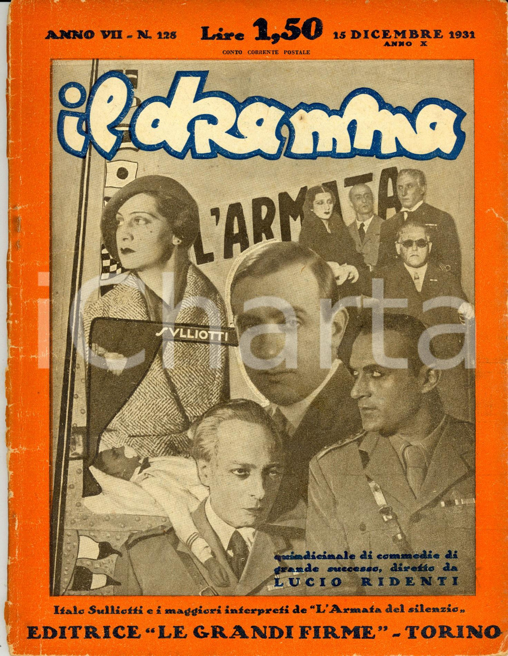 1931 IL DRAMMA Italo SULLIOTTI - Jack LONDON *Rivista Anno VII nÂ°128 DANNEGGIATA DATA: 15 dicembre 1931LUOGO: TORINOTITOLO: IL DRAMMA - QUINDICINALE DI COMMEDIE DI GRANDE SUCCESSO DIRETTO DA LUCIO RIDENTI Anno VII n. 128  DESCRIZIONE: Rivista teatrale d'epoca. All'interno, i copioni di "L'armata del silenzio" di Italo Sulliotti e "Uccidere un uomo" di Jack London. EDITORE: Le grandi firme - Torino  PAGINE: 48  FORMATO: cm 18 x 24  CONDIZIONI: danneggiata (strappi al dorso con distacco quasi totale della copertina; macchie diffuse alle pagine e alle brossure).  Rivista d'epoca, originale, autentica.     originale e autentica 1