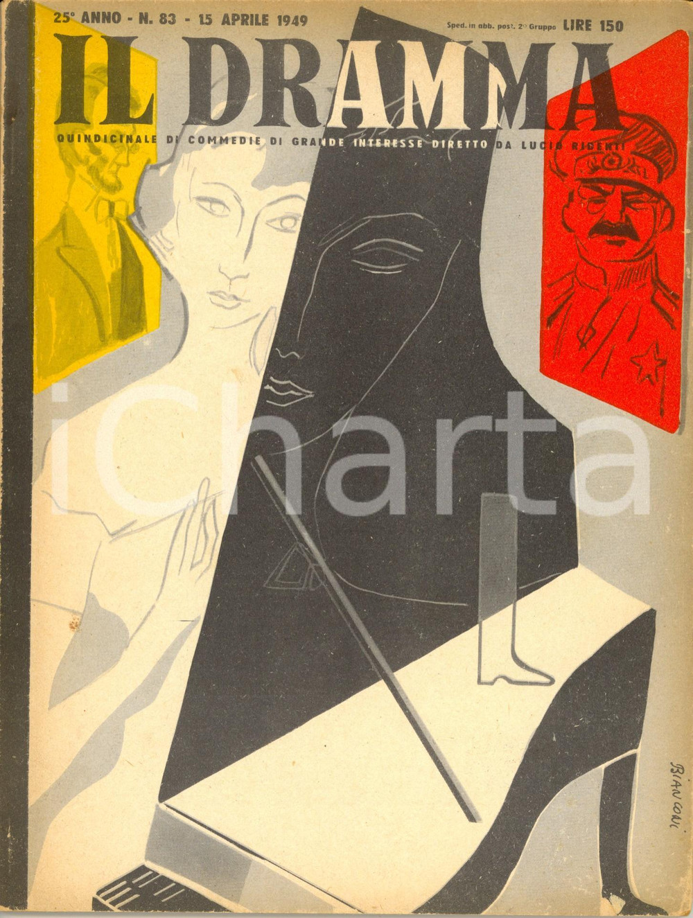 1949 IL DRAMMA GEORGE LEONTOVICH Caviale per generale *Anno XXV nÂ°83 DANNEGGIATA DATA: 15 aprile 1949LUOGO: TORINOTITOLO: IL DRAMMA - QUINDICINALE DI COMMEDIE DI GRANDE INTERESSE DIRETTO DA LUCIO RIDENTI Anno XXV n. 83  DESCRIZIONE: Rivista teatrale d'epoca. All'interno, il copione di "Caviale per il generale", commedia in tre atti di George S. George e Eugenie Leontovich.Copertina di Fulvio Bianconi.  EDITORE: S.E.T. - Torino  PAGINE: 64  FORMATO: cm 18 x 24  CONDIZIONI: danneggiata (piega all'angolo superiore destro; parziale distacco della copertina e strappi al dorso; bruniture alle brossure e alle pagine).  Rivista d'epoca, originale, autentica.     originale e autentica 1