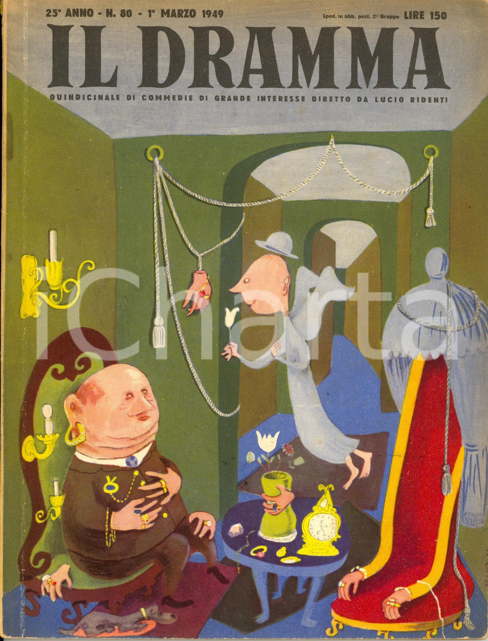 1949 IL DRAMMA Giovanni MOSCA Norman CORWIN *Rivista Anno XXV nÂ° 80 Ill. MANZONI DATA: 1&deg;marzo 1949LUOGO: TORINOTITOLO: IL DRAMMA - QUINDICINALE DI COMMEDIE DI GRANDE INTERESSE DIRETTO DA LUCIO RIDENTI Anno XXV n. 80  DESCRIZIONE: Rivista teatrale d'epoca. All'interno, i copioni di "L'angelo e il commendatore" di Giovanni Mosca e "L'odissea di Runyon Jones" di Norman Corwin.Copertina di Carlo Manzoni.  EDITORE: S.E.T. - Torino  PAGINE: 58  FORMATO: cm 18 x 24  CONDIZIONI: mediocri (piega all'angolo superiore destro; bruniture alle brossure e alle pagine; lieve strappo al dorso).  Rivista d'epoca, originale, autentica.     originale e autentica 1