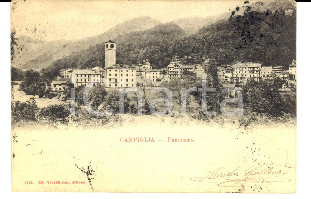 1903 CAMPIGLIA CERVO (BI) Panorama *Cartolina Hector GAILLARD FP VG DATA: 1903  LUOGO: CAMPIGLIA CERVO (BI)  TITOLO: PANORAMA  DESCRIZIONE: Cartolina postale inviata da Hector Galliard ad Antonio Opessi.  CONDIZIONI: mediocri (macchie al recto)  FORMATO: FP  Cartolina postale d'epoca, originale, autentica, FP, VG.      originale e autentica 1