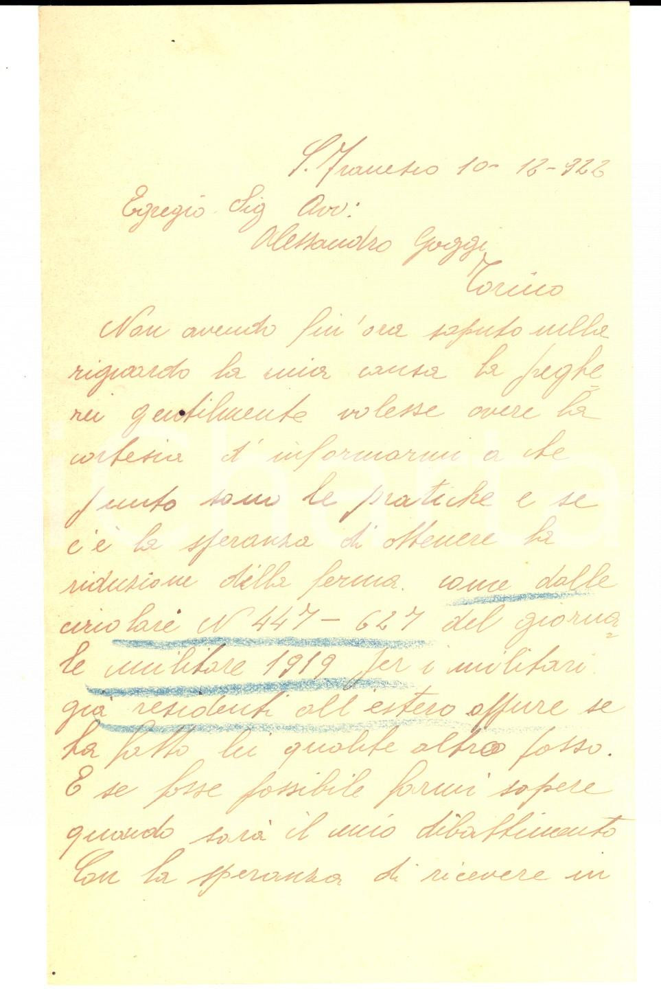 Manoscritto, lettera originale 1922 SAN FRANCESCO AL CAMPO TO Antonio GUARCO chiede notizie del suo processo 1