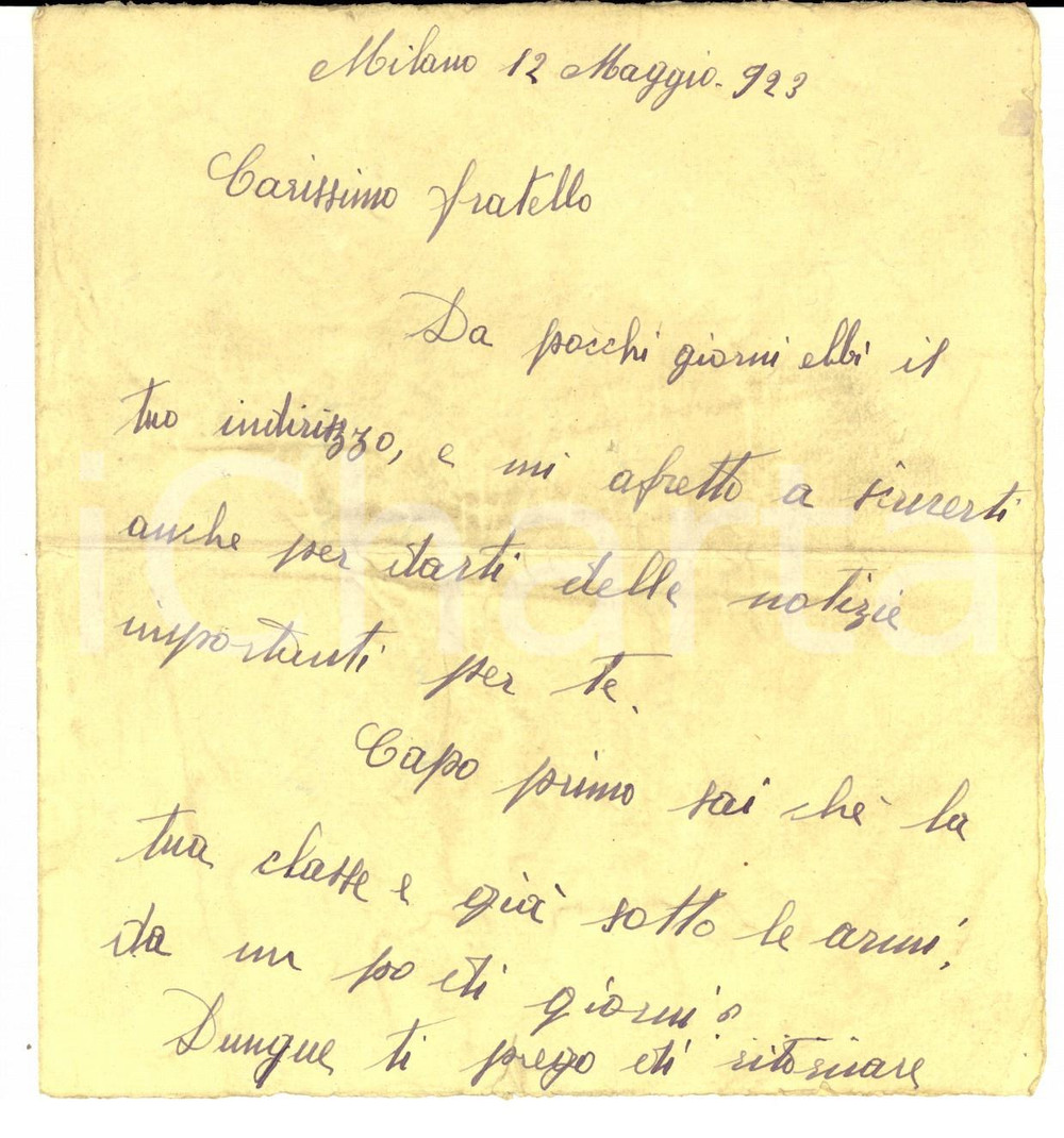 Manoscritto, lettera originale 1923 MILANO Supplica al fratello emigrato perché si presenti alla leva Lettera 1