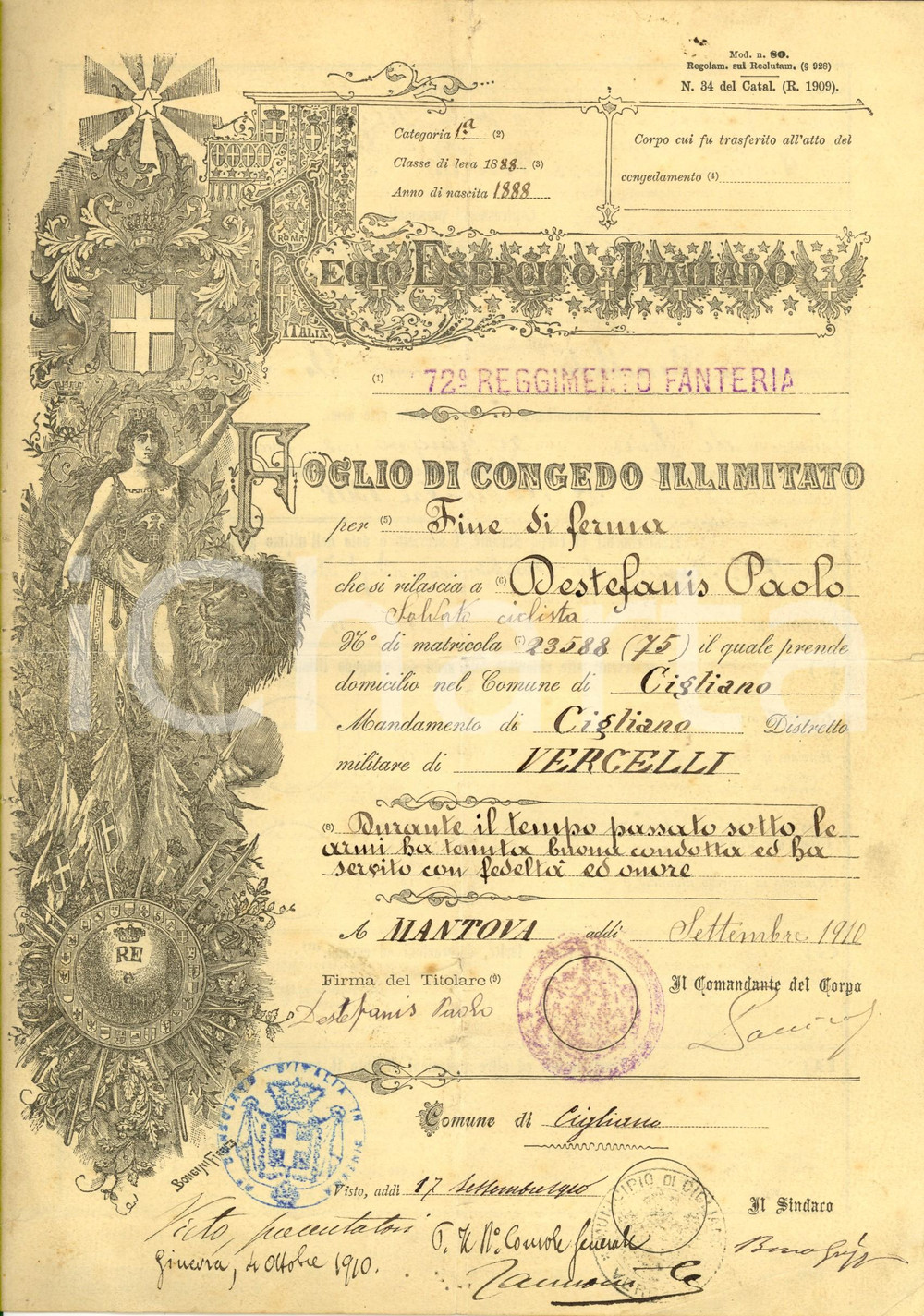 1910 MANTOVA Congedo illimitato soldato Paolo DESTEFANIS 72° Reggimento Fanteria