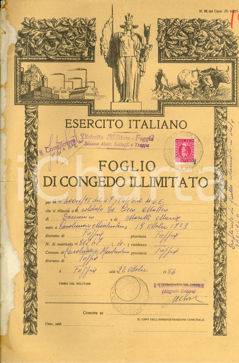 Documento originale, autentico 1954 FOGGIA Foglio di congedo illimitato soldato Matteo DE CICCO Duplicato 1