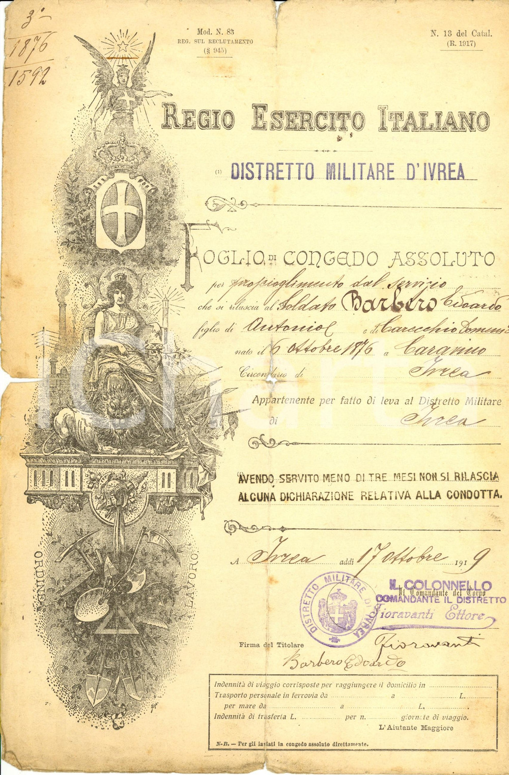 Documento originale, autentico 1919 IVREA TO Congedo assoluto soldato Edoardo BARBERA esonerato in Francia 1
