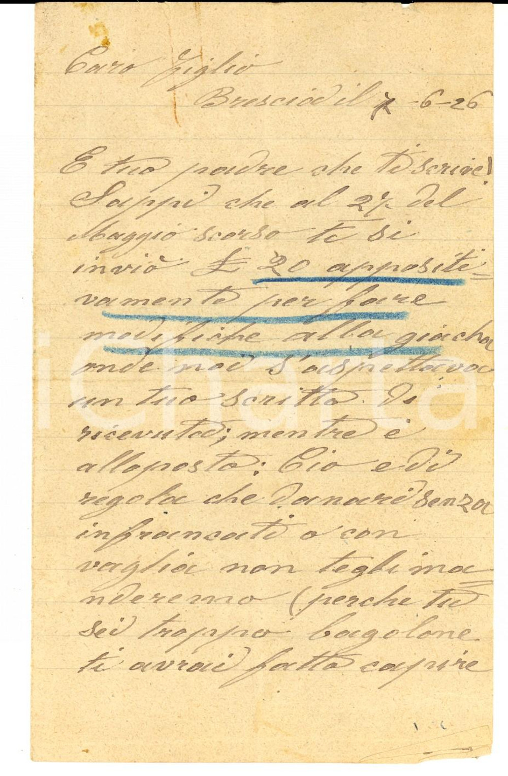 Manoscritto, lettera originale 1926 BRESCIA Giulio BORGHETTI rimprovera il figlio soldato bagolone Lettera 1