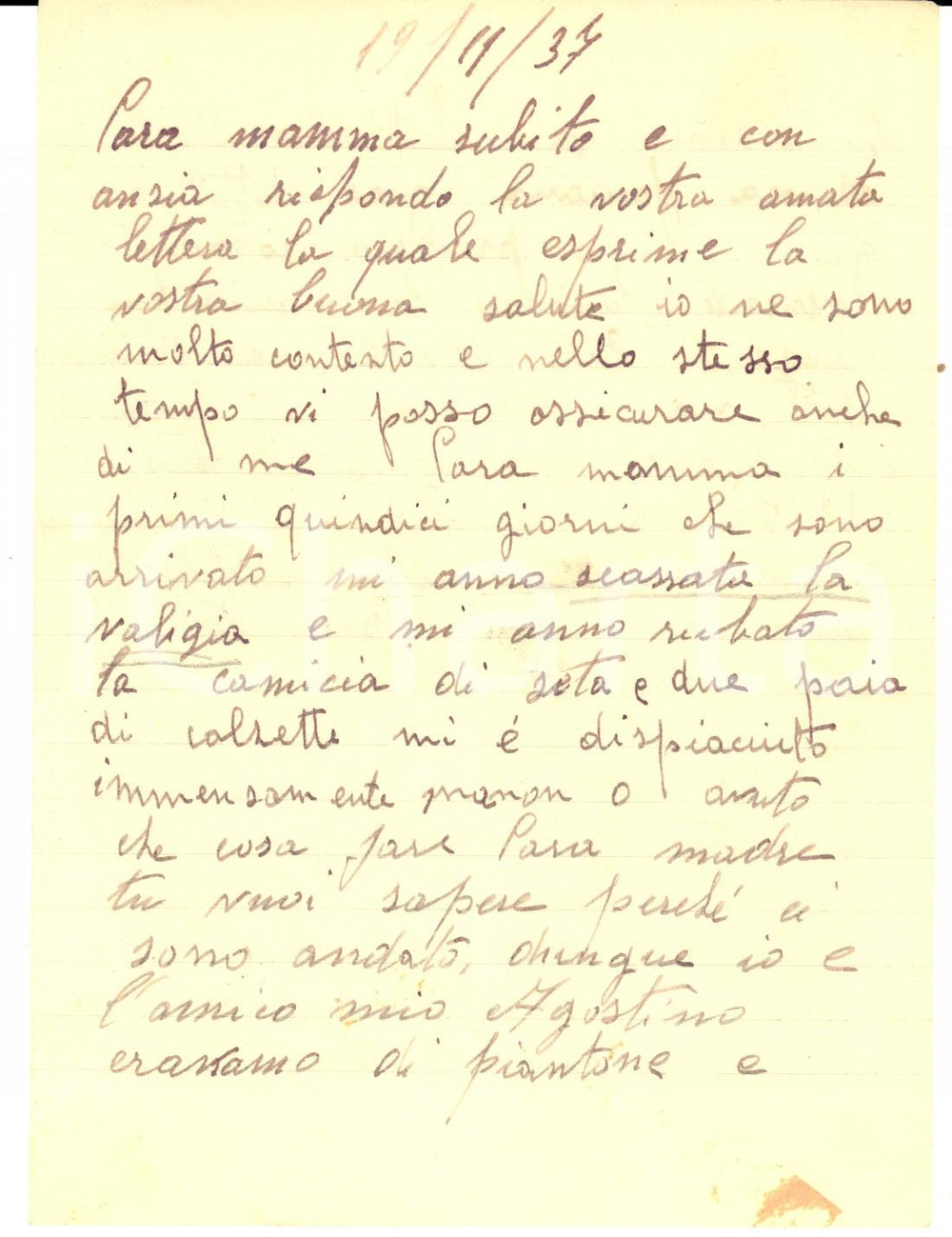 Manoscritto, lettera originale 1937 CUNEO Militare derubato dai commilitoni all arrivo in caserma Lettera 1