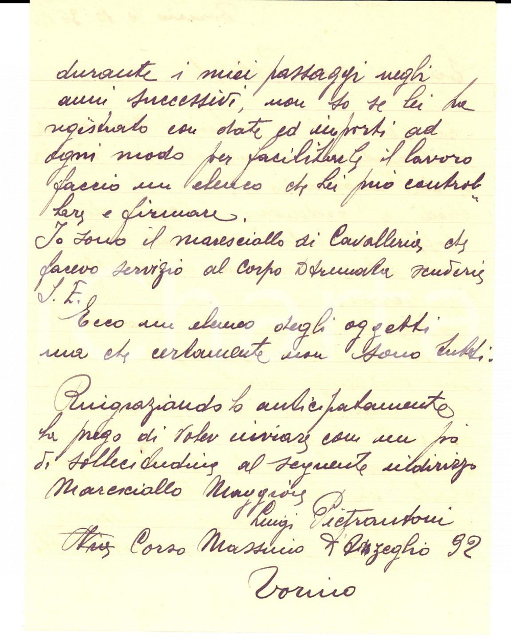 Manoscritto, lettera originale 1936 TORINO Maresciallo Luigi PIETRANTONI in separazione dalla moglie Lettera 1