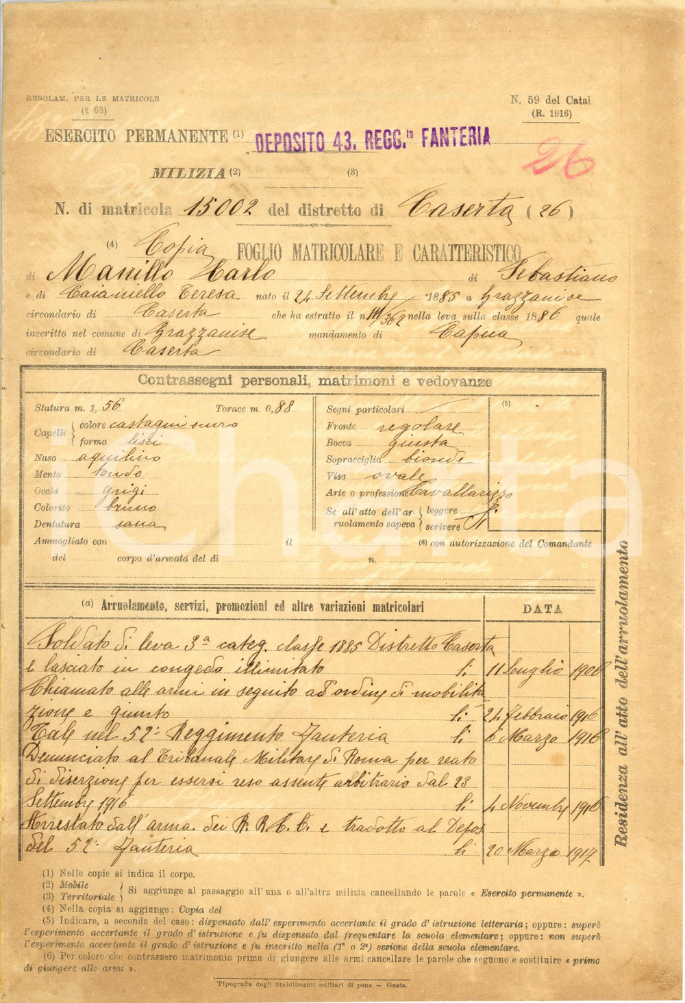 Documento originale, autentico 1918 WW1 TORTONA AL 43Â° REGGIMENTO FANTERIA Foglio matricolare Carlo MANILLO 1