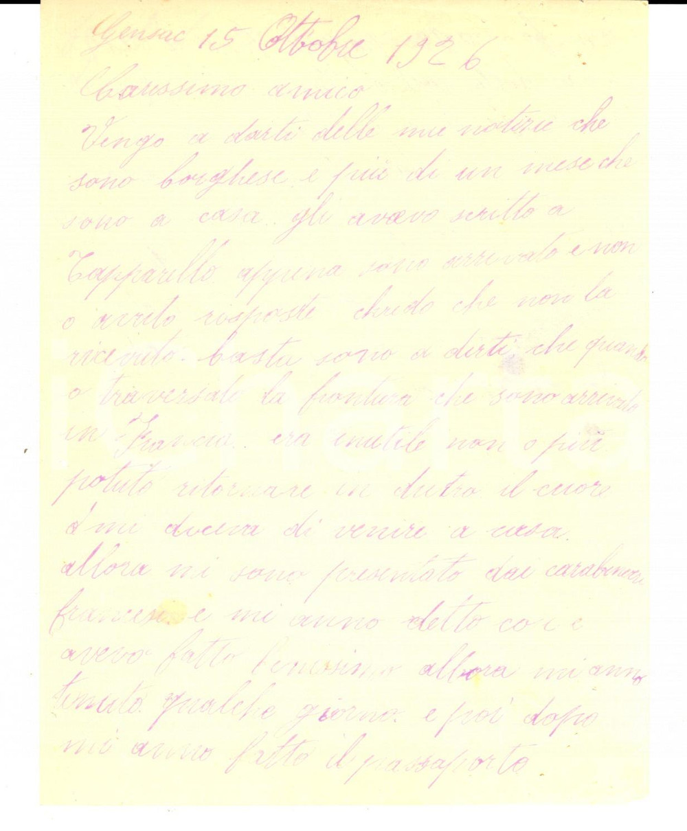 Manoscritto, lettera originale 1926 GENSAC F Per me é finito il soldato e addio Italia Lettera Luigi CRAVERO 1